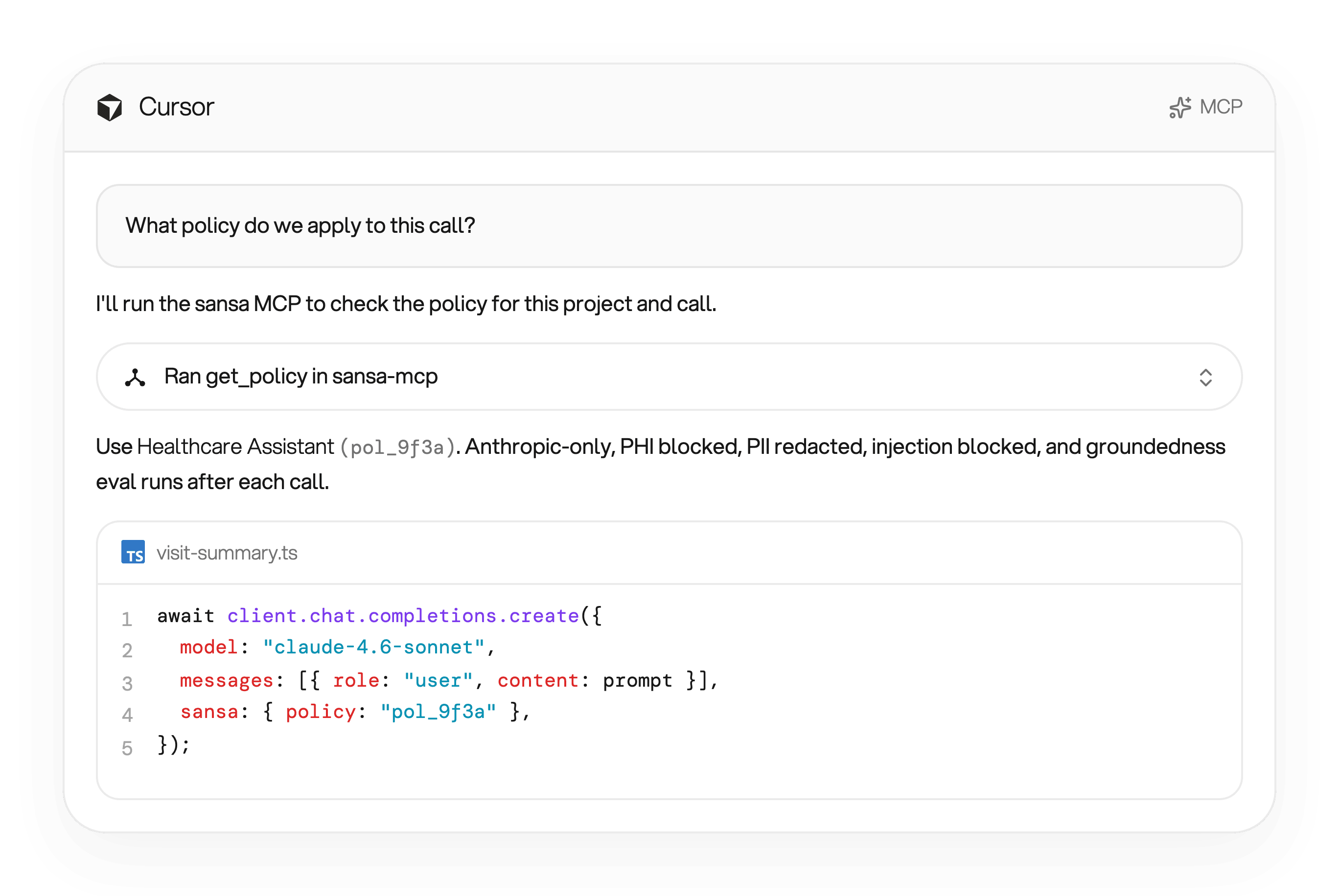 Cursor IDE chat where a coding agent uses MCP to attach a guardrails policy on a request, with notes that Anthropic-only access, PHI block, and PII redact are applied