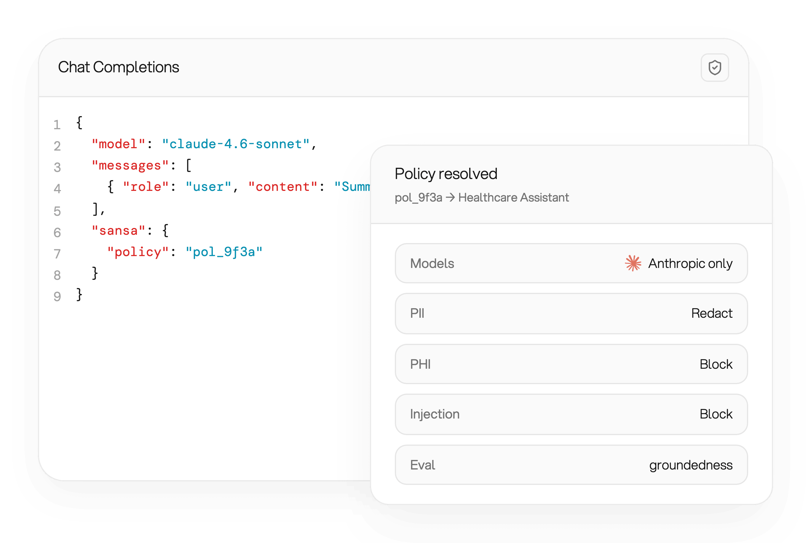 OpenAI-compatible chat request that references a policy ID, with an overlay showing the resolved Healthcare Assistant policy including PHI block and PII redact rules