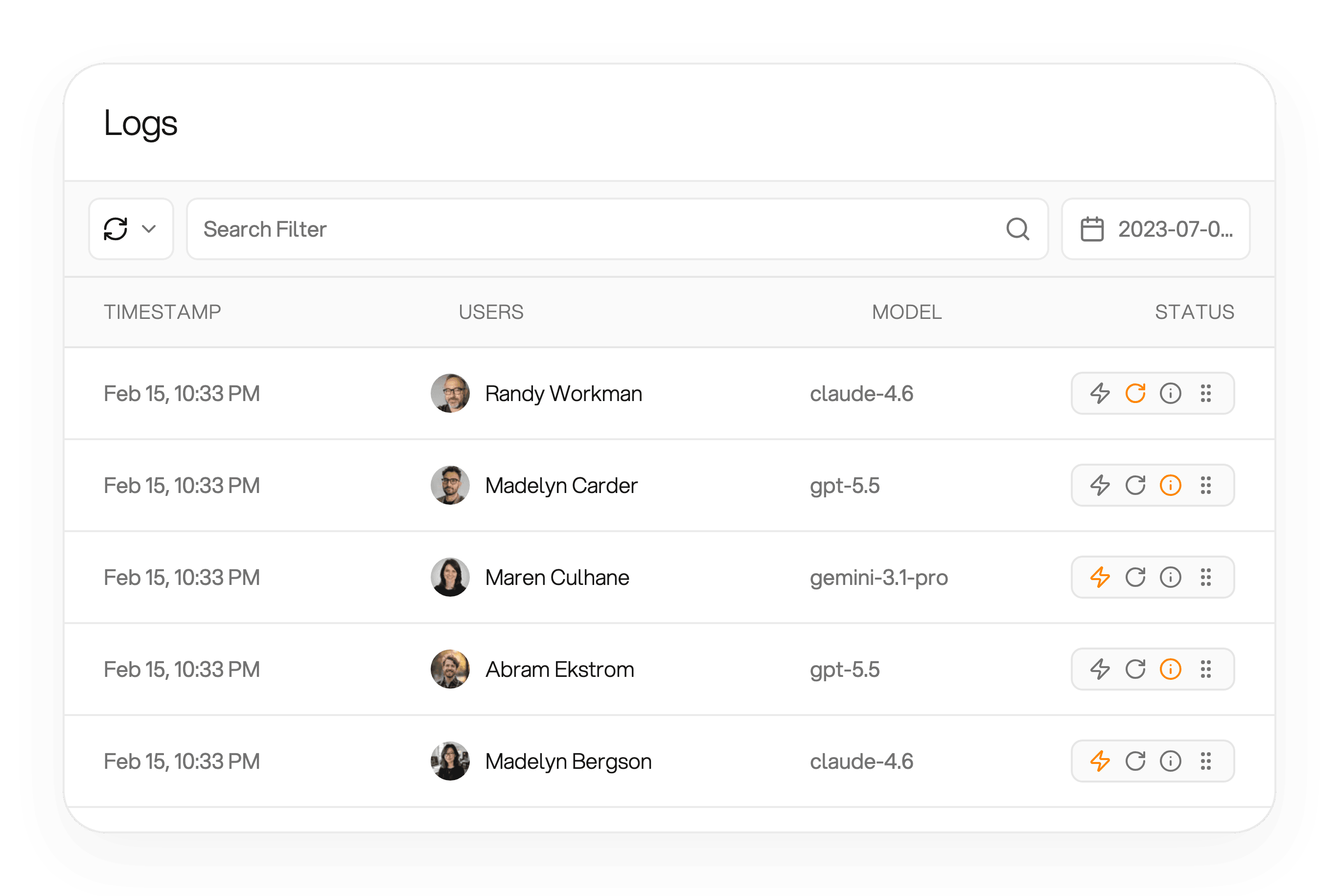 Observability logs dashboard listing requests with timestamp, user, and model such as claude-4.6 so teams can inspect cost, latency, and behavior in one place