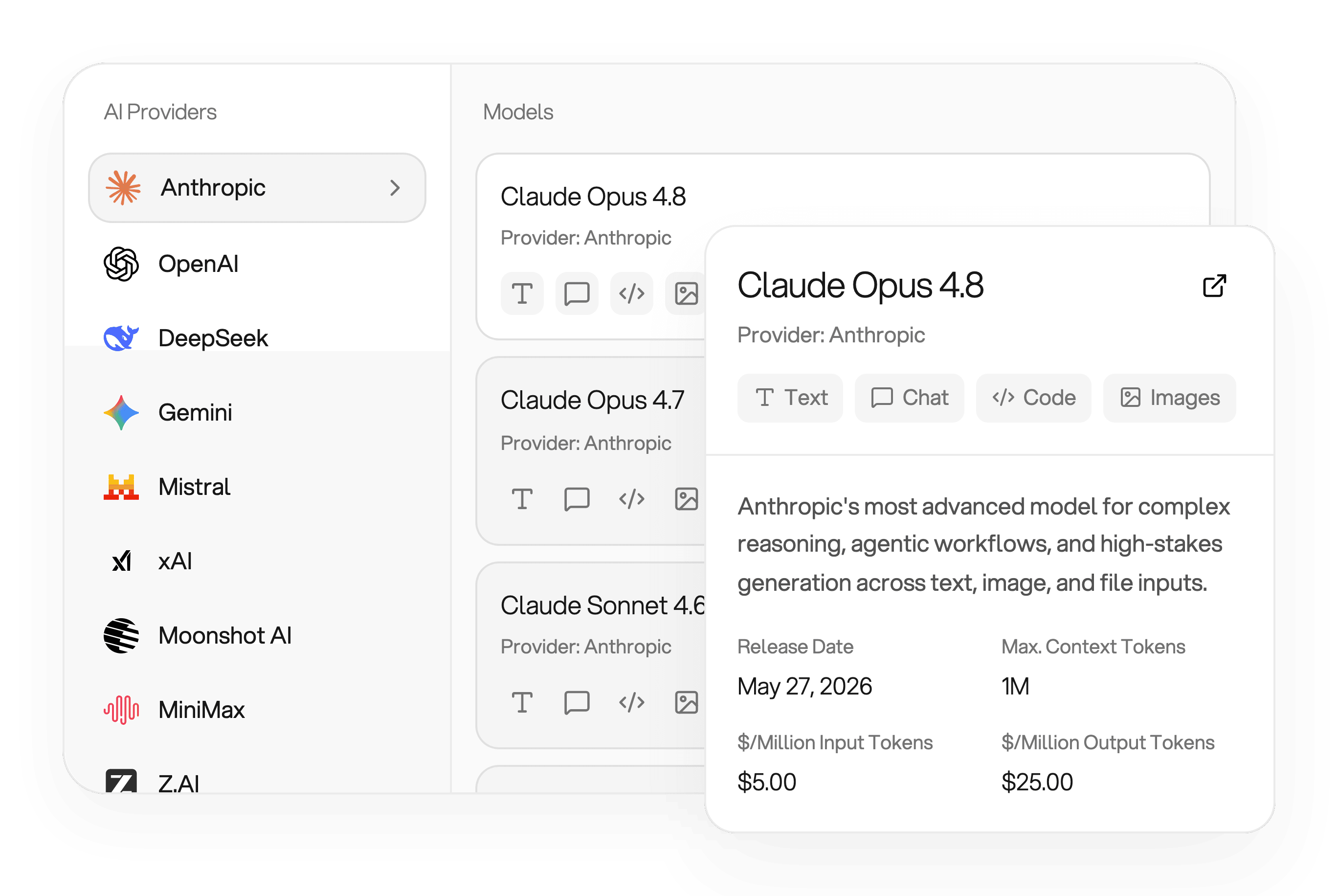 Unified models explorer with an Anthropic provider sidebar, Claude model list including Opus 4.8, and a detail card showing context window and token pricing for OpenAI-compatible access