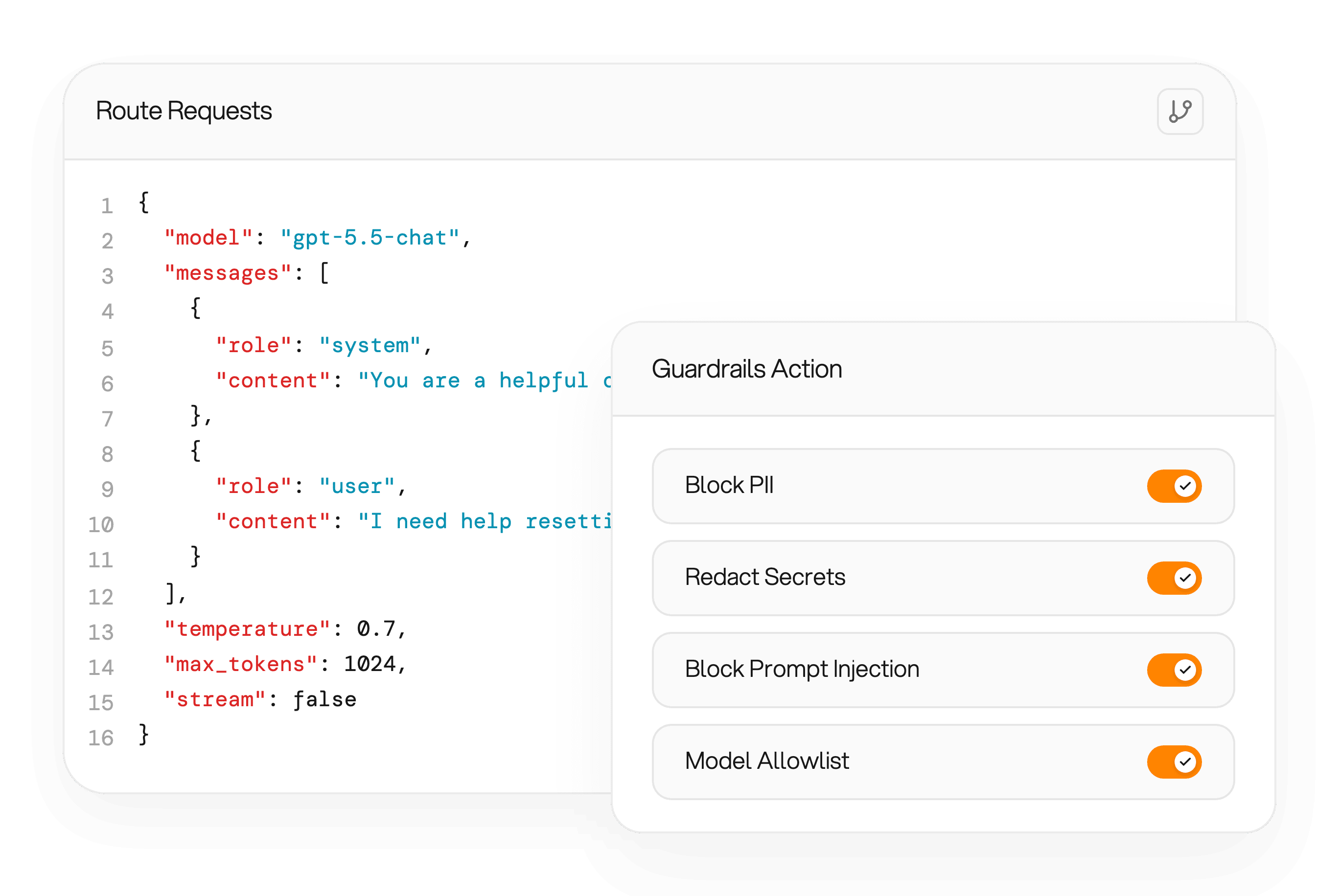 Route Requests configuration with a guardrails overlay enabling Block PII, Redact Secrets, Block Prompt Injection, and Model Allowlist on the same request path