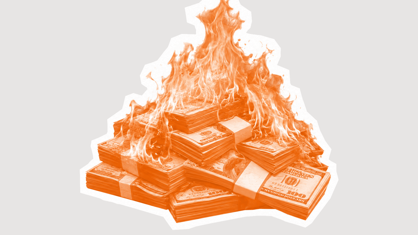 Stacks of hundred-dollar bills burning with orange flames.