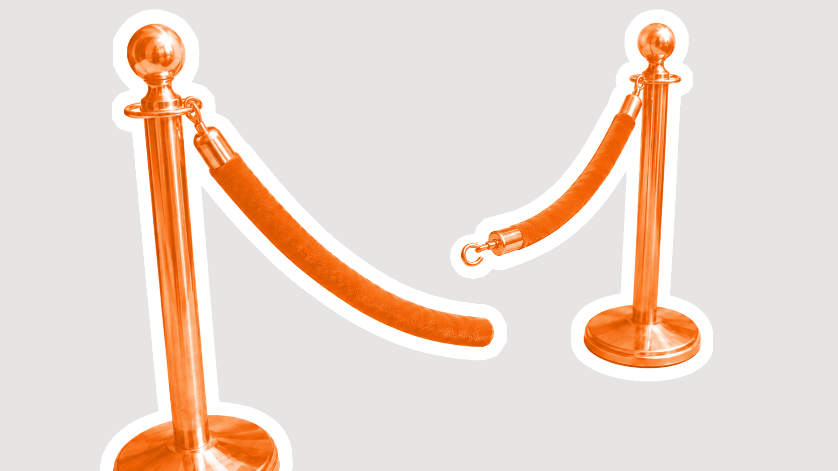 Orange velvet rope unhooked between two stanchions, opening a path.